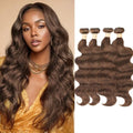 ALLRUN Brown Body Wave Human Hair Bundles 12-18 Inch, 4 Bundles with Closure, Brazilian Virgin Hair, Color 4# (Variation: 16 Inch)