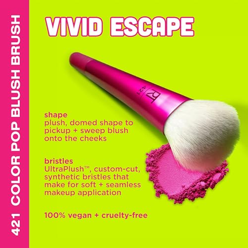 Real Techniques Vivid Escape Color Pop Blush Brush, Multipurpose Makeup Brush For Easy Blending, Use With Liquid & Cream Blush, Synthetic, Soft Bristles, Cruelty-Free & Vegan, 1 Count
