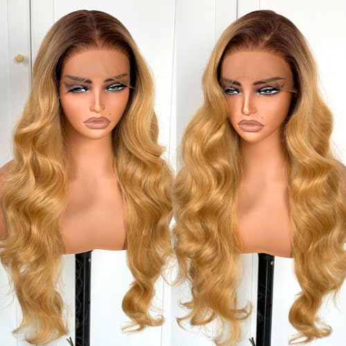 BlackSwern T1B/27 Ombre Honey Blonde 13x6 Synthetic Lace Front Wig,HD 13x6 Lace Frontal Wig Brown To Honey Blonde Pre-Plucked,26inch Body Wave Wigs 200 Density,Pre-Plucked PLUS 1.5¡¯¡¯ Hairline