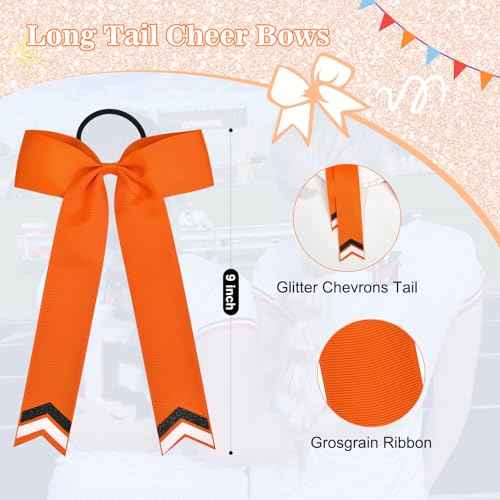 DEEKA 12PCS Collegiate Style Cheer Bows with Glitter Chevrons Tail Skinny College Cheerleader Ponytail Holder for Volleyball Softball Girls (Orange/Black/White)
