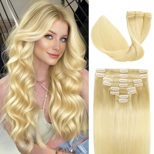 Clip in Hair Extensions Real Human Hair, 16 inch 90g, Balayage Invisible Remy Human hair Clip in Extensions for Women Seamless Straight 8Pcs Double Weft Bleach Blonde