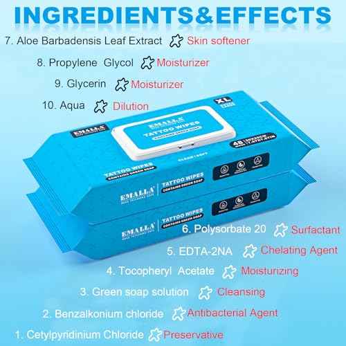 Emalla Green Soap Tattoo Wipes, 100 Count L All in One Premium Cleaning Wipes to Clean Skin During Tattooing and Aftercare 7.87"x5.9" Natural Formula Tattoo Supplies (5 Pack)