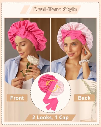 AWAYTR Satin Sleep Bonnet for Sleeping, Adjustable Double Layer Rose Pink