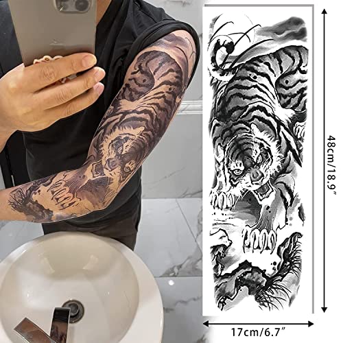 Aresvns Sleeve Tattoo Temporary, 12Pcs Christmas Full Arm Fake Tattoos for Adults, Large Totem Wolf Military Tempoary Tattoos for BBQ Pool Beach Party