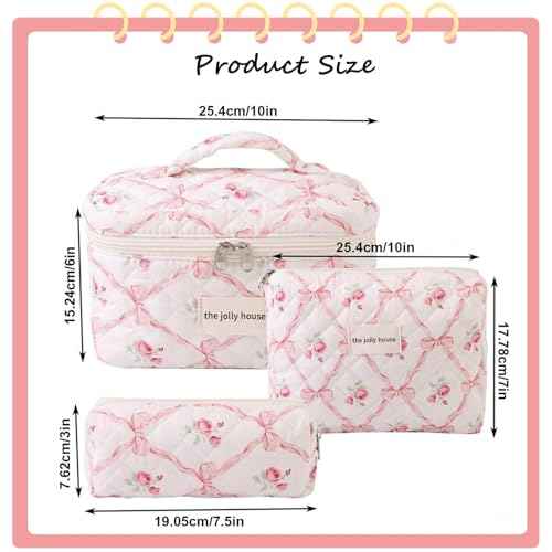 3PCS Cotton Quilted Floral Makeup Bag Set for Women Girls, Cute Make Up Bags with Brush Pockets, Large Wide-Open Toiletry Pouch Gifts for Toiletries Accessories Travelling Essentials