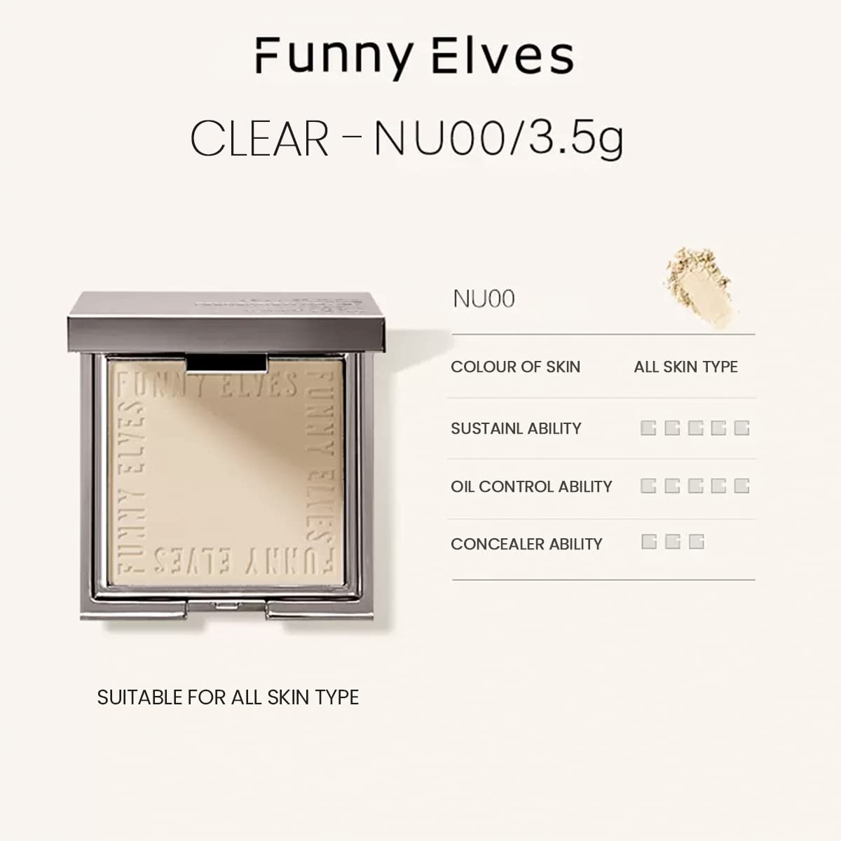 Funny Elves Pressed Powder Makeup Face Long Lasting Photosensitive Concealer Asian Skincare Cosmetics Mid-Sample 3.5g NU00 1 Count