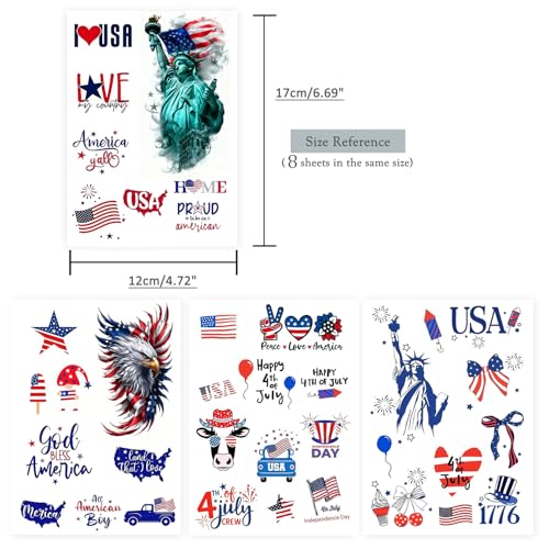 Roarhowl 70 Piece Independence Day Temporary Tattoo Set, Fourth of July US Flag Tattoos, Red White Blue, Adults and Children happy 4th of july tattoos