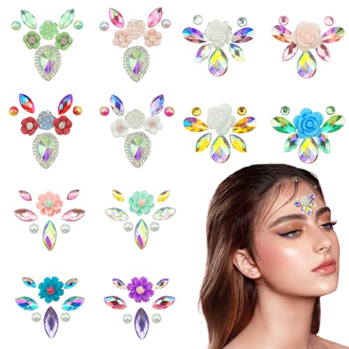12Pcs Face Gems Stickers, Face Jewels with Diamond, Rhinestones Pearl Spring Flowers Forehead Sticker for Women Girls Decoration Festival Party Self-Adhesive DIY Body Art Decals