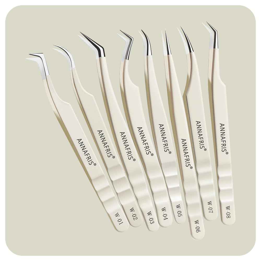 ANNAFRIS Lash Tweezers for Eyelash Extensions,Precision Fiber Tip for Volume Eyelash Extension,Lash Extension Tweezers for Easy Application and Removal (White, 1PC-08)