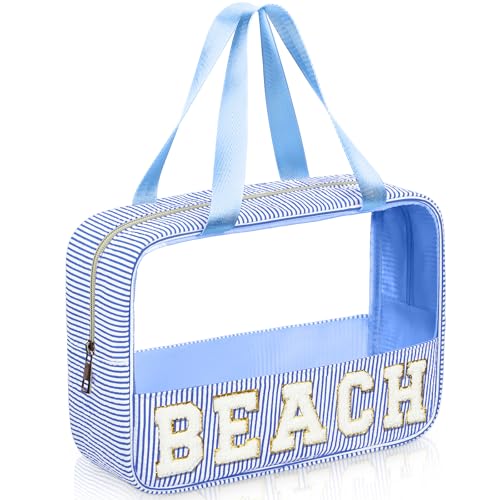 Seersucker Clear Makeup Bag with Chenille Letter Patch, 11.8x7.8 Inches