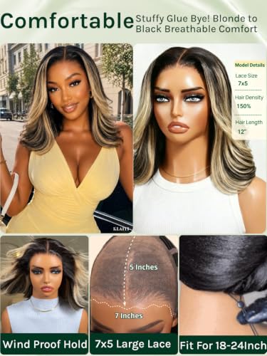 KLAIYI Glueless Ombre Bob Wig - 7x5 Lace Front, 14" Body Wave