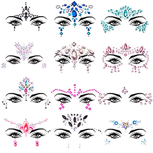 SIQUK 12 Set Mermaid Face Gems Rhinestone Tattoo Stickers