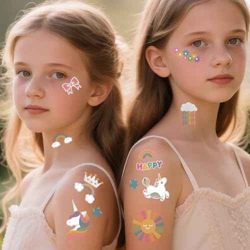 193pcs Unicorn & Truck Wheels 2 in 1 Kit Waterproof Temporary Tattoos Groovy Fake Tattoo for Kids Birthday Party Decoration, Star Smiley Rainbow Racing Car Flag Trophy Tattoo Stickers for Boys Girls