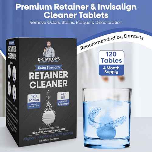 Dr. Taylor¡¯s Denture and Retainer Cleaner Tablets (120 count) Effectively Removes Stains, Plaque, and Odor - Sports guards, Night Guards, Clear Aligners & Dentures Refreshing Mint Flavor