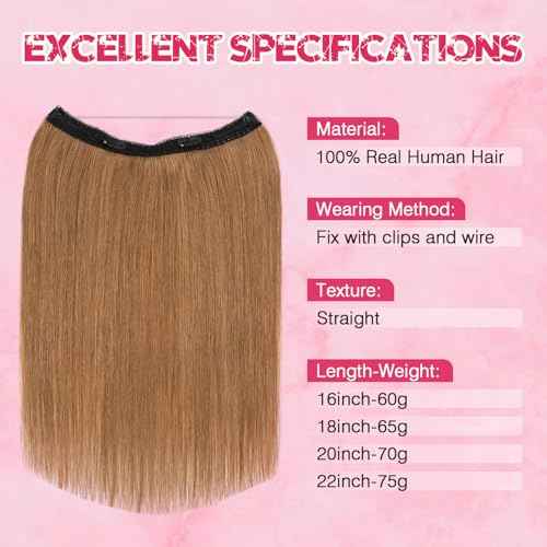 Halo Hair Extensions Real Human Hair, MY-LADY Adjustable Halo Extensions Real Human Hair, 16 inch Light Brown Women's Long Straight Hair Invisible Wire Hair Extensions
