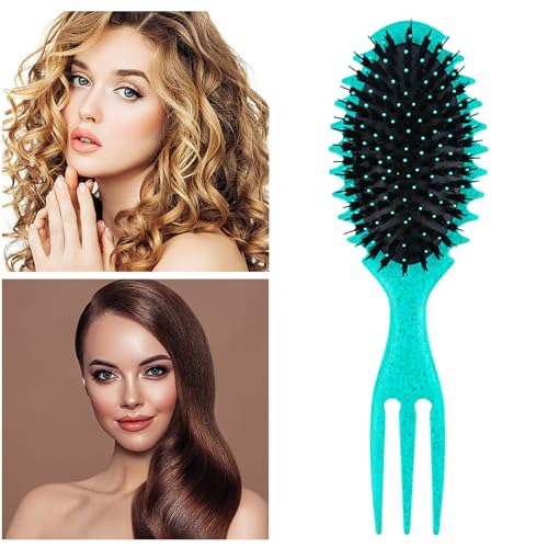 Curly Hair Brush Detangling Brush, Green Round Brush Styling Brush Boar Bristle Styling Brush with Soft Silicone Bristles, Shaping & Defining Curls Hair Brushes for Women