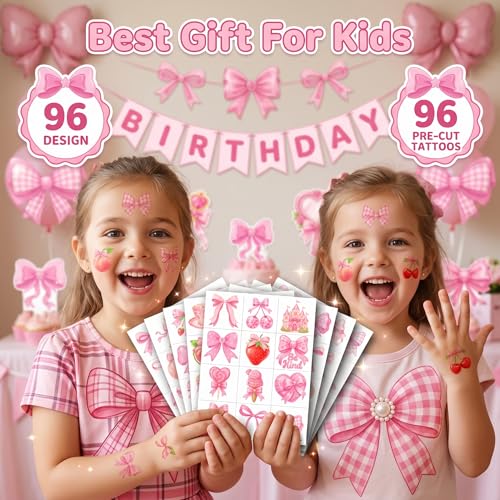 96 Pink Bow Temporary Tattoos for Kids | Waterproof