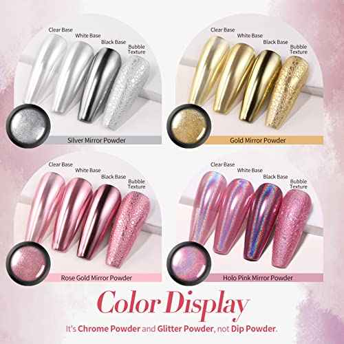 Born Pretty Chrome Nail Powder Metallic Mirror Powder Holographic Pigment Powder Manicure Nail Art Decoration Sets Silver Gold Pink Rose Gold 4 Boxes