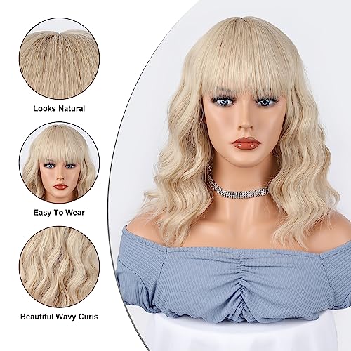 Aiemnnie Short 613 Bob Wig with Bangs for Women Wavy Wig Synthetic Wigs with Bangs Curly Wavy Wig for Girls Daily Use （14 Inches）