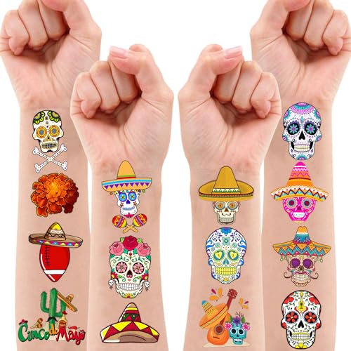 Skull Temporary Tattoos Fiesta Sugar Skull Party Decorations Favors Supplies Mexican Themed Cute Stickers 10 Sheets 100 PCS Gifts for Baby Girls Boys Class School Carnival