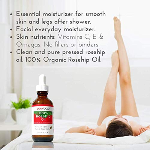 powbab 100% Rosehip Oil - Organic, Cold Pressed from Premium Rosa Rubiginosa Rosehip Seed. Face and Body Oil for Skin, Hair, Nail Repair. Raw Pure E Oil for Scars. Wild, Fair Trade - 2 oz.