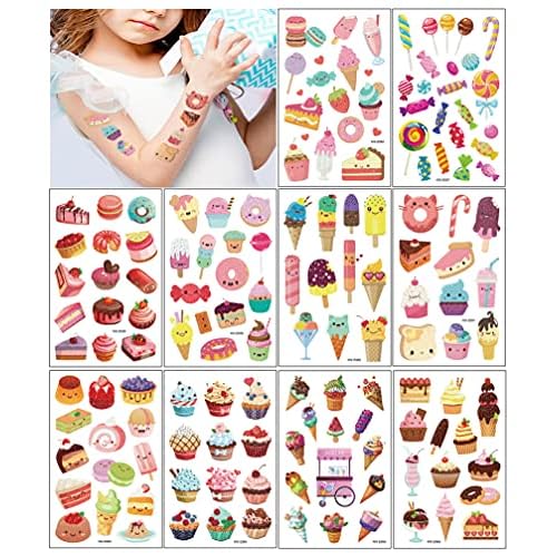 Glitter Temporary Tattoos for Kids, 141Pcs Girls Lovely Ice Cream Fake Tattoo Birthday Party Supplies Cookie Tattoo (10 Sheets) Cute Waterproof Stickers Decoration Gifts Favors Sparkly Cake