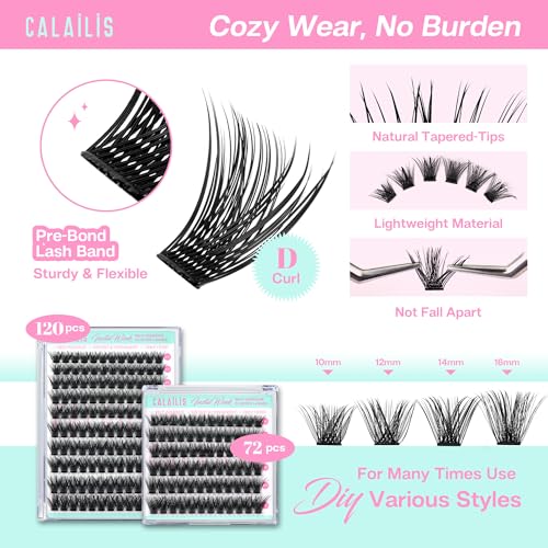 CALAILIS Self Adhesive Eyelashes 120Pcs D Curl Press on DIY CLuster lashes No Glue Needed Wispy Lash Clusters Pre Glued Reusable Glueless Eyelash Clusters Kit with Tweezers for Beginners (56D)