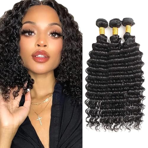 Natural Black Deep Wave Human Hair Bundles - 3 Pack, 18-22 Inch