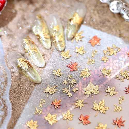 1 Sheet Fall Nail Stickers for Nail Art Autumn Maple Leaves Nail Decals 5D Embossed Thanksgiving Day Gold Maple Leaf Nail Art Supplies Red Leaf Nails Accessories for Women Acrylic Nails Decoration