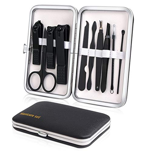 Keiby Citom Travel Manicure Set – 10pc Stainless Steel Nail Clippers & Pedicure Kit in Black