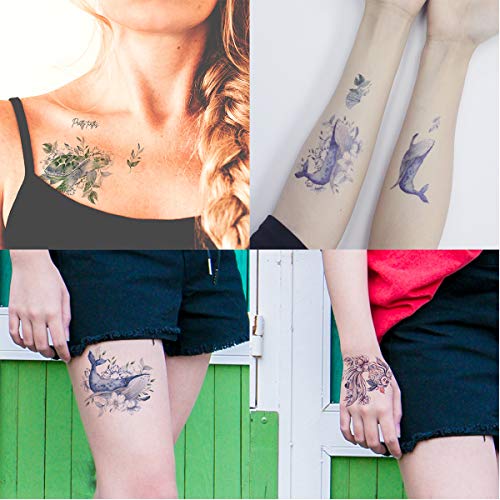 9 Sheets Temporary Tattoo Blue Purple Sea Turtle Goldfish Dolphin Whale Shell Octopus Starfish Suit for Arm Neck