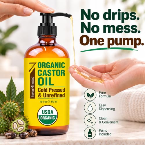 Seven Minerals USDA Organic Castor Oil 16 oz Glass Bottle with Pump – Cold Pressed, Hexane Free