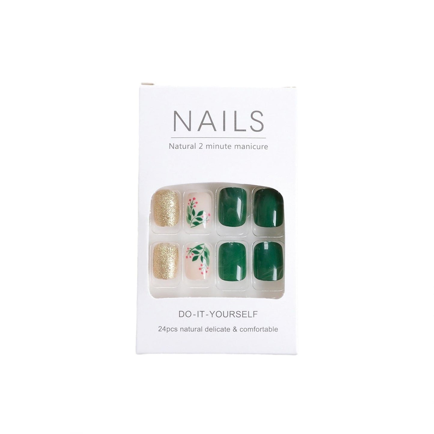 SINHOT Green Press on Nails Short Square Fake Nails Green Leaves Nails Glossy Glue on Nails Squoval Acrylic Nails Gold Glitter Arificial Nails Stick on False Nails with Design 24 pcs