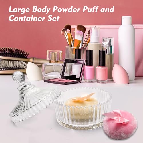 6 Pack Large Body Powder Puff and Container Set, Anglecai 4 Inch Crystal Powder Container for Body Powder Puff Dish with 3P Powder Puffs and 2P Spoon