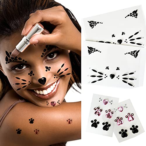 Crystal Cat Face Jewels Gems Sticker Tattoo - 4 Sheet Set