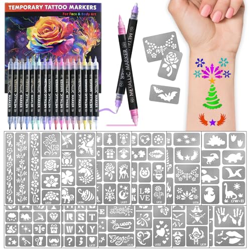Temporary Tattoo Markers with Stencils - 16 Dual-End Pens + 12 Reusable