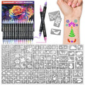 Temporary Tattoo Markers with Stencils - 16 Dual-End Pens + 12 Reusable