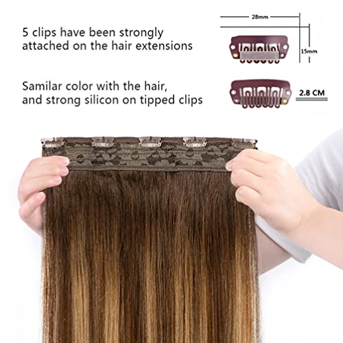 Winsky Hair Extensions Real Human Hair - One Piece Brown Balayage Remy Hair Extensions Clip on 70gram for Women (14inch, #4T27P4)