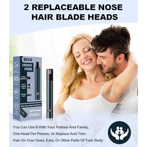 BUV Nose Hair Trimmer for Men with LED Display- 2026 Professional Painless Ear Hair Trimmers for Women, USB Rechargeable Nose Hair Trimmer Clipper ? 14,000 RPM IPX7 Waterproof Dual Edge Blades, Blue
