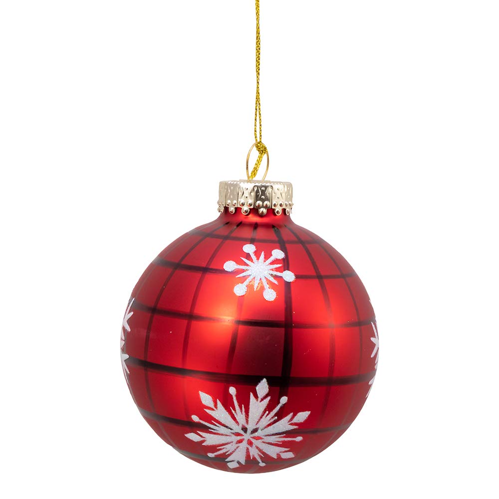 Kurt S. Adler Kurt Adler 80MM Plaid with Snowflakes Glass Ball, 6 Piece Box Ornament, red, Black, White, Christmas