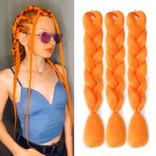 Colorful Braiding Hair Extensions 24 Inch 3 Packs Synthetic High Temperature Jumbo Braids Hair Crochet Hair Extension for Braiding.Orange.