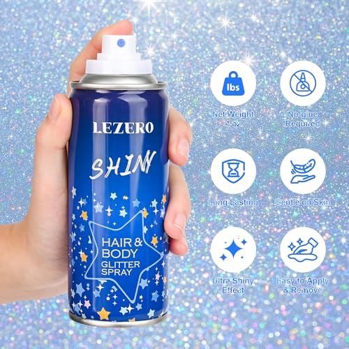 Hair Face Body Glitter Spray, 4.05 fl oz Rainbow Silver Holographic Glitter Hairspray Shimmer Makeup for Women, Quick Drying Long-Lasting Glitter Spray for Rave Accessories