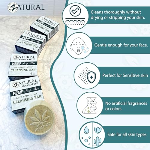 Zatural 100% Natural Hemp Bar Soap | Gentle Cleansing & Moisturizing Body Soap with Pure Botanical Ingredients | Rich Lather Formula (1 Bar)