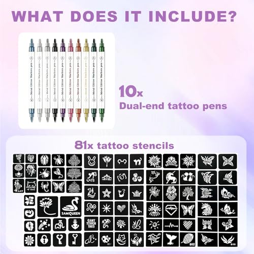 Temporary Tattoo Markers Kit - 10 Colors + 81 Stencils