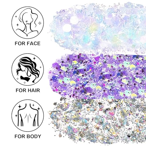Face Body Glitter Set for Women and Kids, White Silver Purple Holographic Mermaid Sequins Chunky Glitter Makeup for Music Festival Rave Accessories, Christmas, Wedding, New Year, Prom