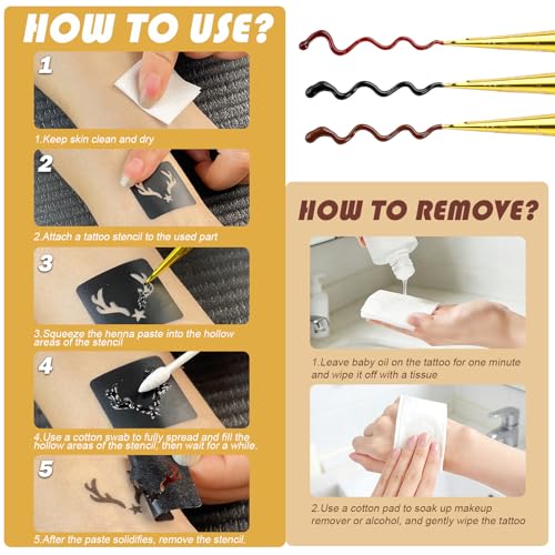 Temporary Tattoos Stencils Kit,Temporary Tattoos Kit - 6 Pcs 3 Color(3 Brown 2 Black 1 Red) Ink with Gloves,DIY Body Art Painting for Women Men Adults TA636KIT