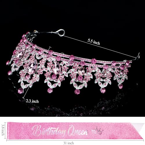 Pink Birthday Queen Crown and Sash Set with Rhinestones