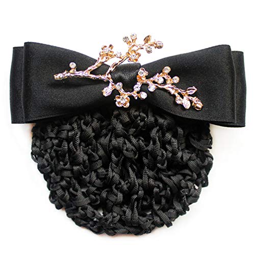 Bowknot Rhinestone Hair Bun Cover Detachable Decor Barrette Snood Hairnet French Hair Accessories for Women Lady (Black)