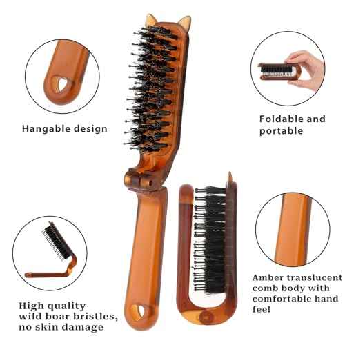 Travel Folding Hair Brush, Collapsable Portable Boar Bristle Hair Brush Mini Compact Hairbrush Pocket Size Comb for Women Kids Thick Thin Curly Straight Wet Dry Hair Restore Shine, Beard Brush for Men