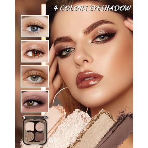 4 Colors Eyeshadow Palette, Matte & Shimmer Powder Makeup Palette, Highly Pigmented Blendable, Long Lasting Waterproof, Eye Shadow Palettes for Older Women, Neutral Shades Nude Beige and Brown-05